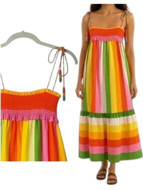 Farm Rio Midi Dress Rainbow Stripe Smocked Tiered S